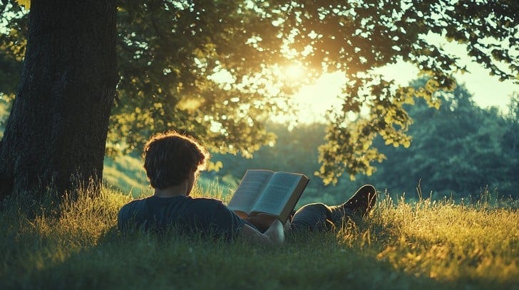 Pessoa deitada na grama à sombra de uma árvore, lendo um livro ao pôr do sol